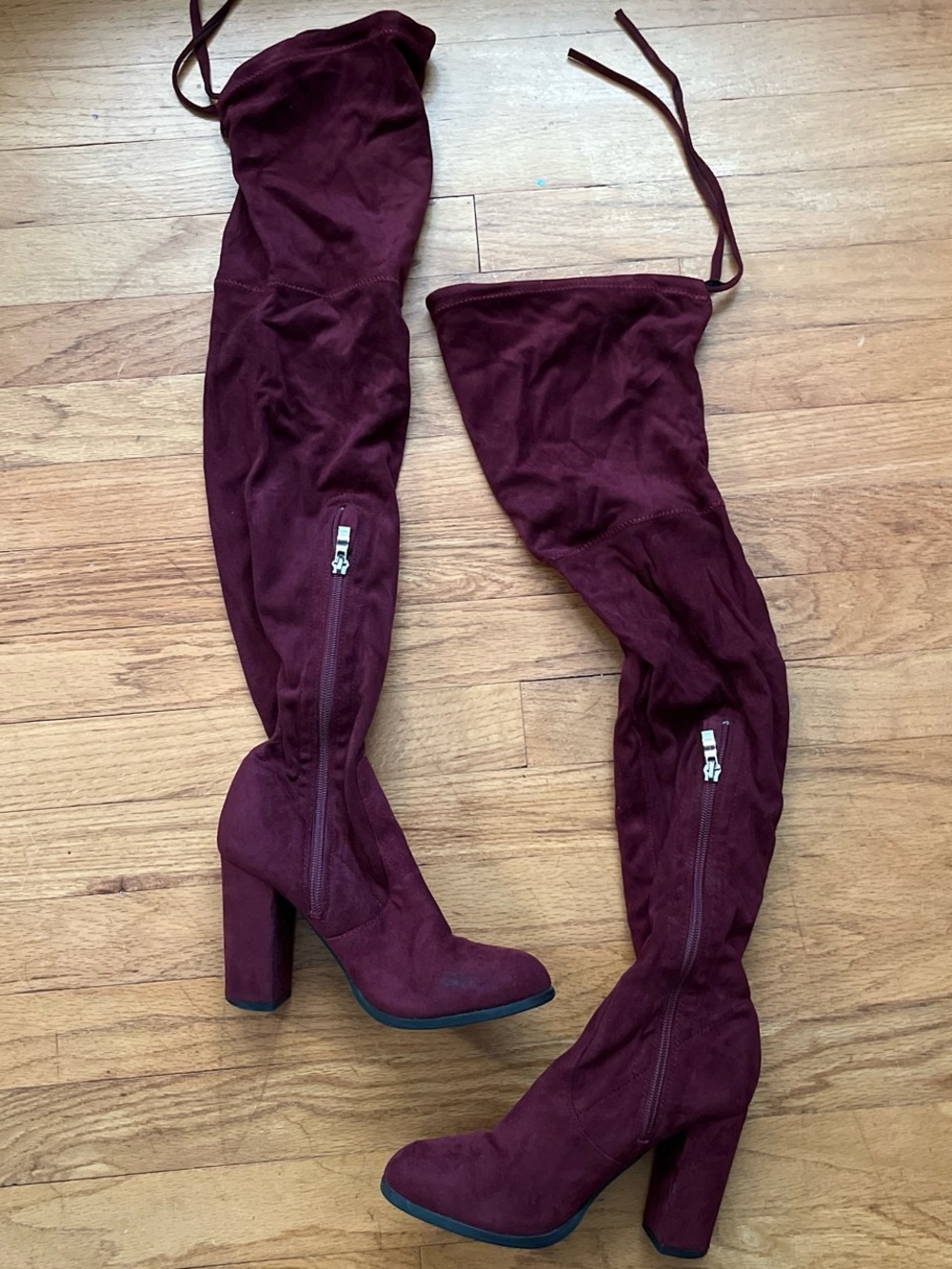 Over the knee suede maroon boots